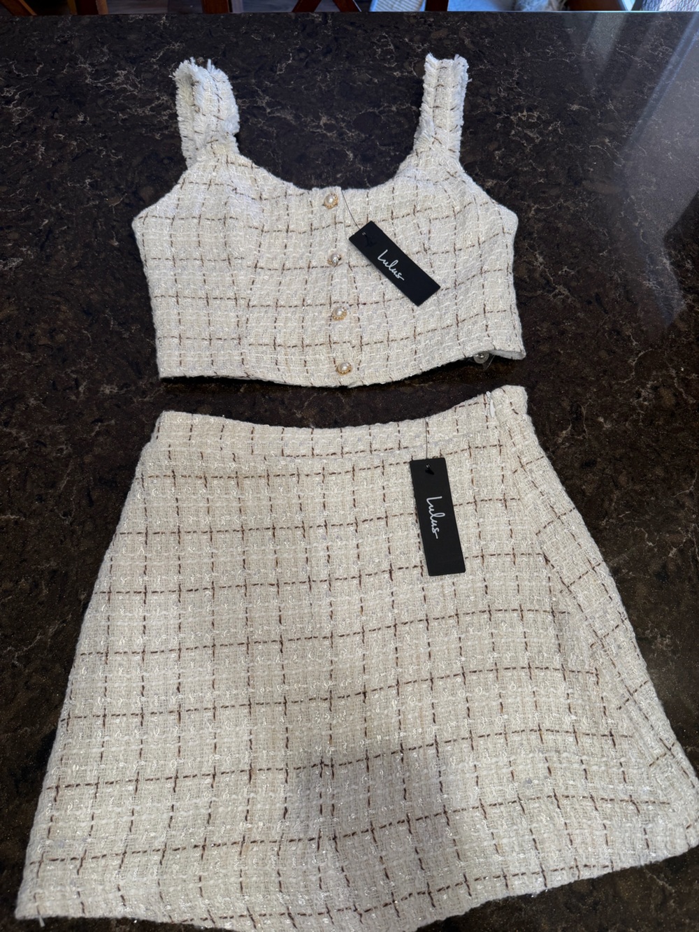 Lulu's Cream Tweed Crop Top and Mini Skirt Set